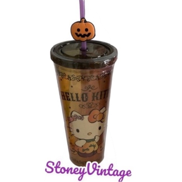 Sanrio Hello Kitty Halloween Cold cup Acrylic Pumpkin with Pumpkin Straw Topper - Picture 1 of 6